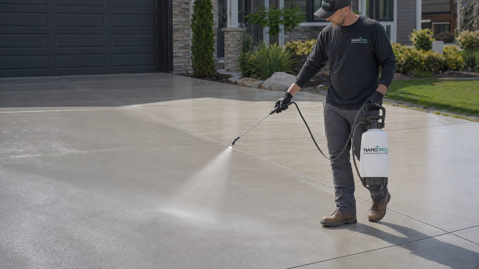 Technician applying GoNano sealant to a concrete driveway