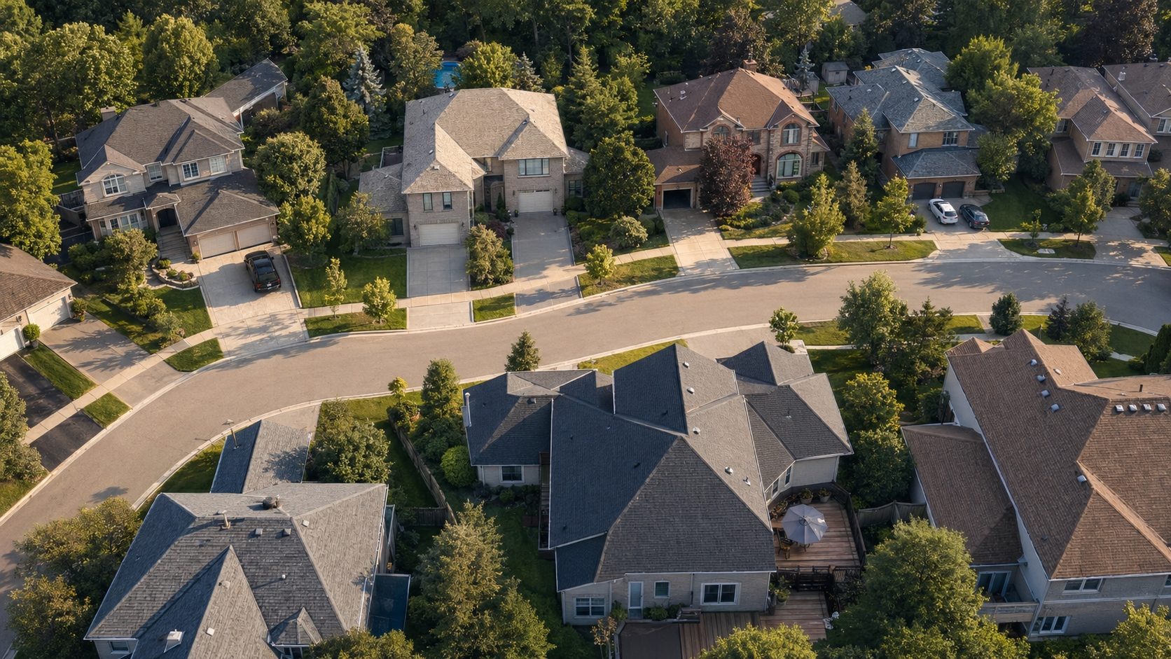 Aerial view of homes with restored asphalt shingle roofs