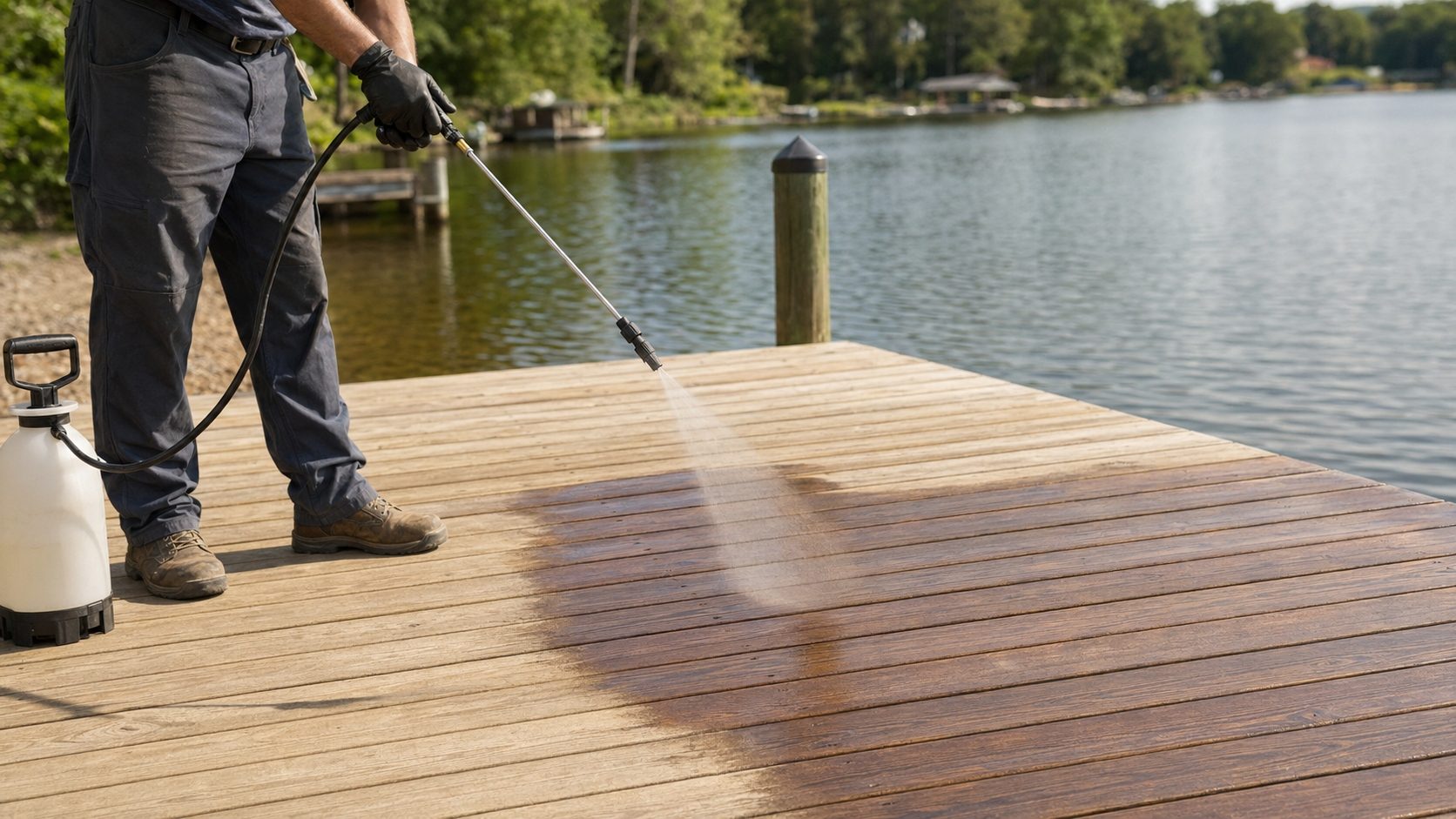 Crew applying GoNano protective sealant to a wood deck